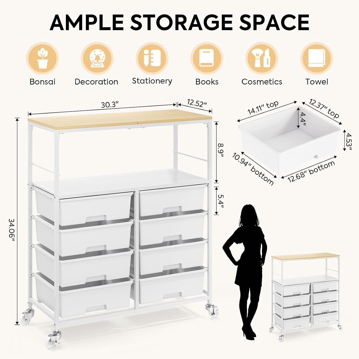 Rolling Storage Cart with 8 Large Drawers, Wooden Tabletop | Open Storage Shelves, Mobile Craft Organizer with Lockable Wheels for Home, Classroom, Office Supplies & Art Studio,White thumbnail