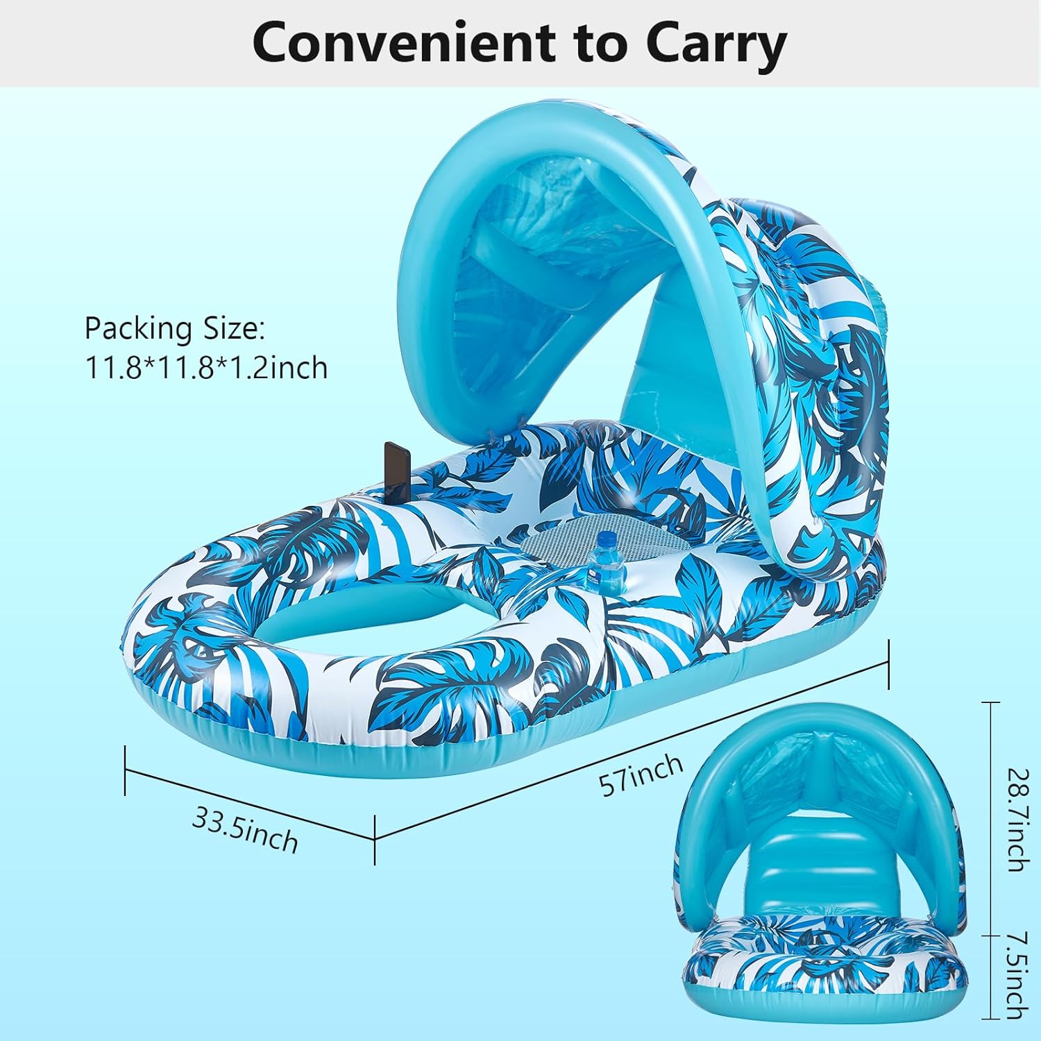 Inflatable Pool Float with Canopy - Comfort Reclining Lounge, Sun Shade & Cup Holders | Portable UV Protection Raft for Summer, Anti-Leak Design Pool Float Lounger for Adults for Travel Beach Pool
