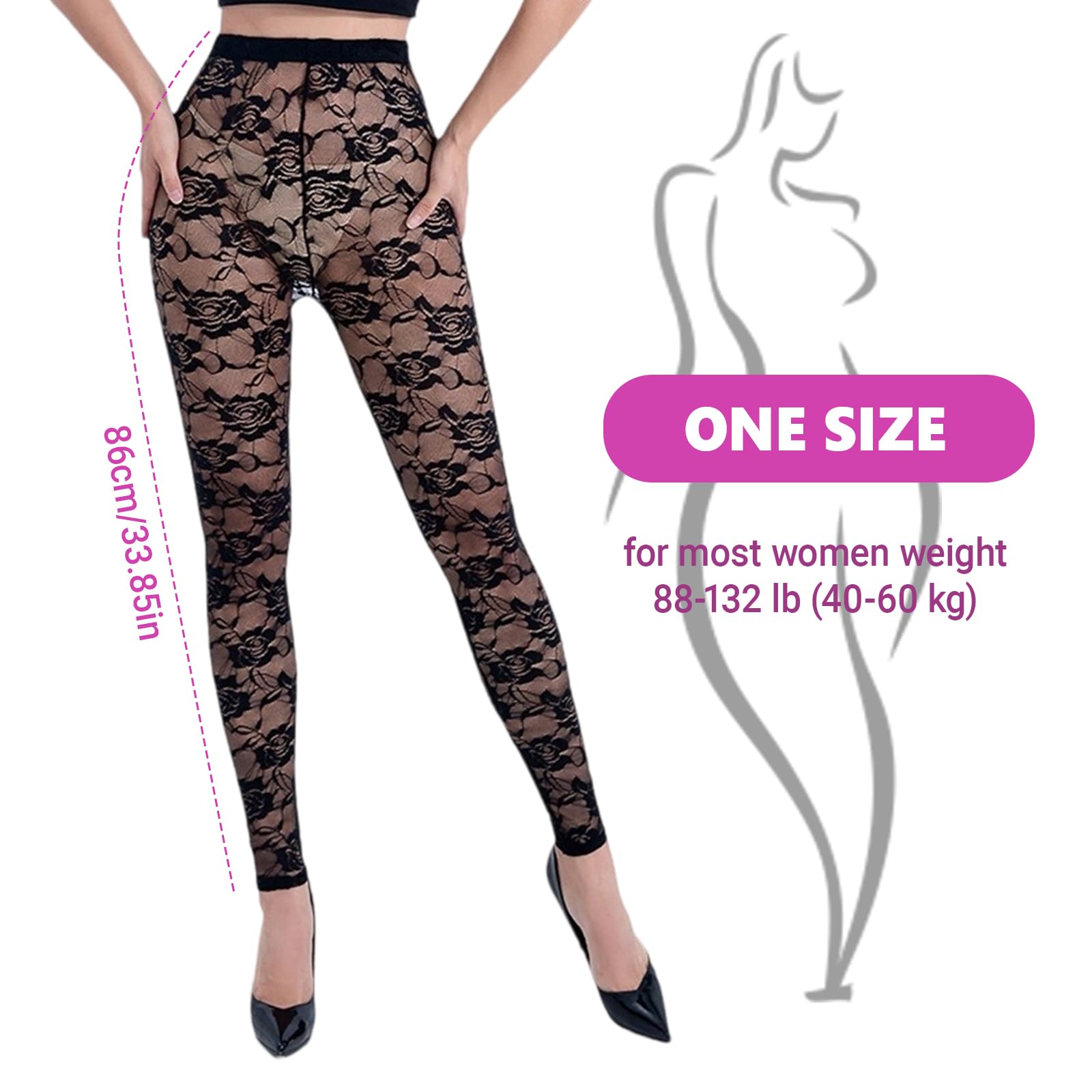YSAOAKA 80s Lace Leggings for Women Black Footless Lace Tights, Leggings Footless Flower Pattern Tights - Image 2