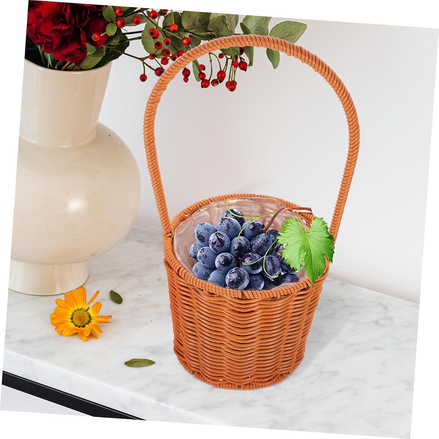 DECHOUS Rustic Woven Flower Basket with Handle Lightweight Portable Storage Basket for Flower Arrangement Wedding Decor Gift and Home Organization Handcrafted Floral Storage image 4