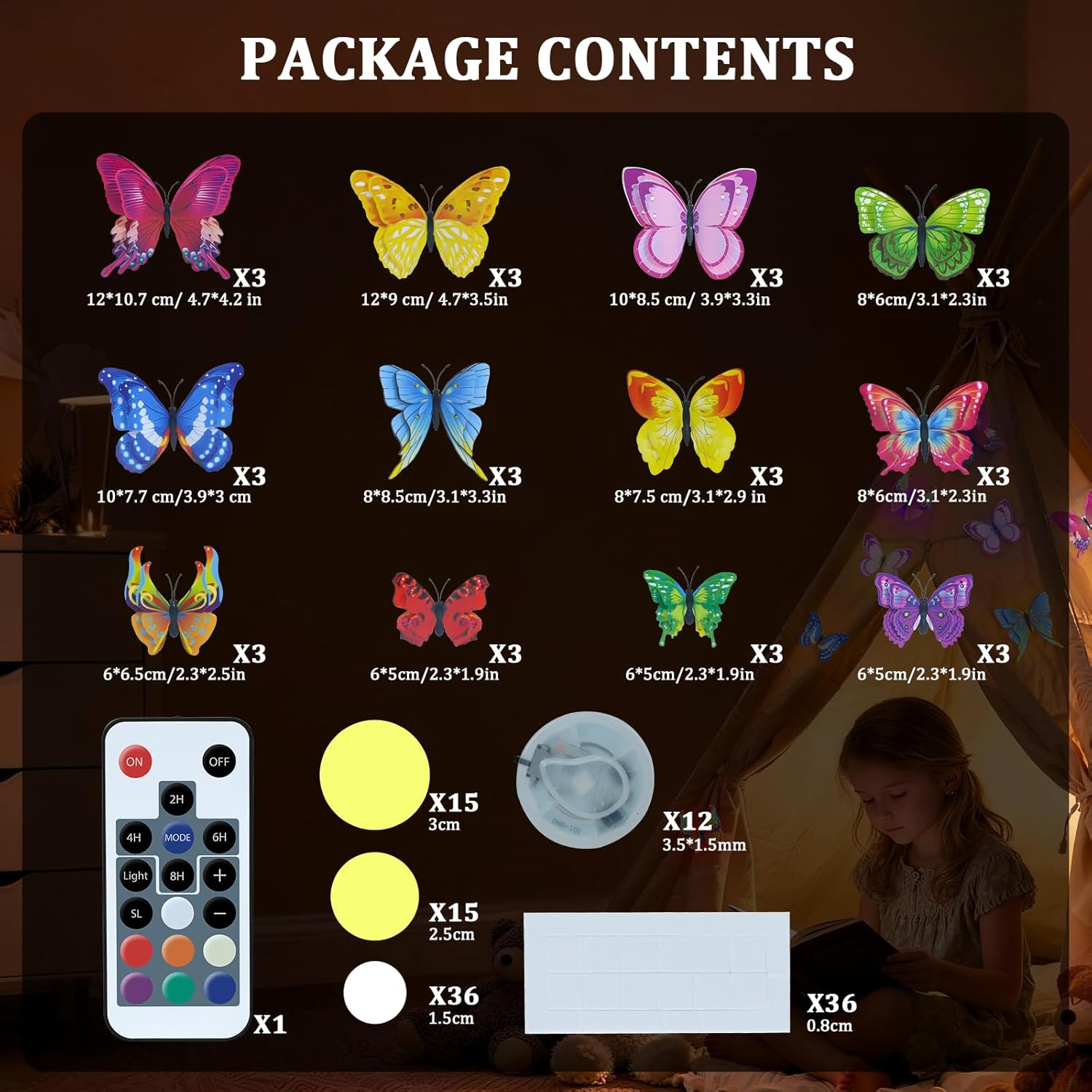 SoulBay 3D Butterfly Wall Decor Kit, 36 PCS Butterflies with 12 RGB LED Tea Lights, Remote Timer Control, 7 Color Changing Battery Powered Decor for Bedroom Home Birthday Wedding Party