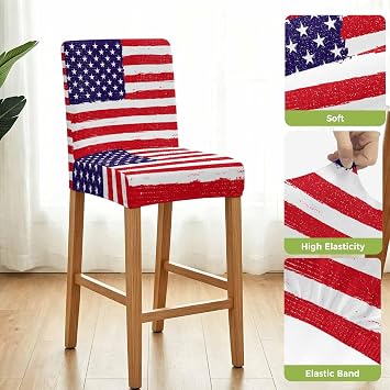 American Flag Bar Stool Chair Covers Set of 2 with Back,Stretch Barstool Slipcovers,Retro Rustic Stars And Stripes US Flag Pub Counter Height/Swivel/Cafe/Dining Room Chairs Seat Furniture Cover