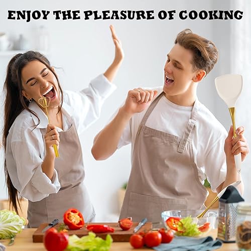Miniatura 9 de Elegante juego de utensilios de cocina de silicona de oro blanco, no tóxicos, aptos para lavavajillas, con asas cómodas resistentes al calor,