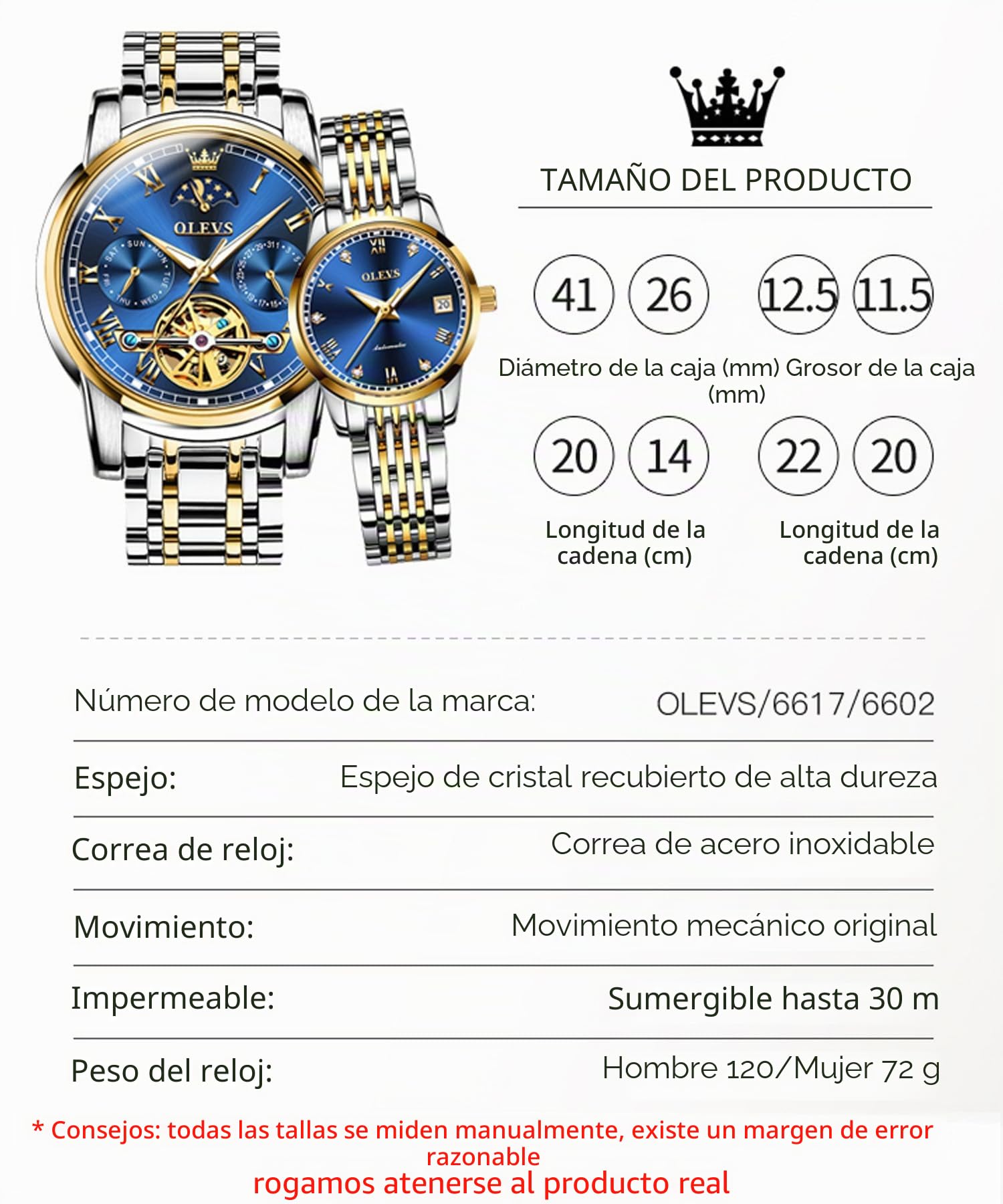 OLEVS Juego de Relojes para Parejas con Cuerda automática mecánica automática para Hombres y Mujeres, Luminoso, Impermeable, de Acero Inoxidable