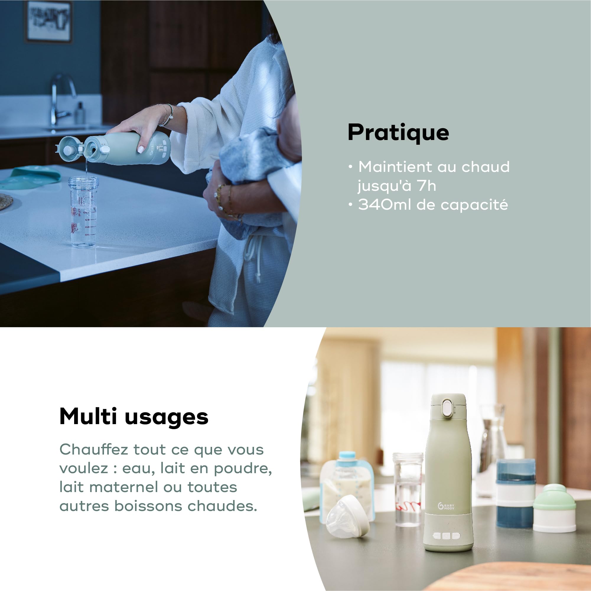 Babymoov Chauffe-Biberon Nomade sans Fil Moov & Feed - Capacité 340ml - Eau ou Lait Maternel - Température réglable - Maintien au Chaud (jusqu'à 7h) - Recharge USB - Garantie à Vie - Vert Sauge