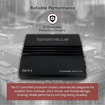 Rockville RVT-1 2-Channel Car Amplifier, 1000W Peak/250W RMS, Class-AB, MOSFET Power Supply, Bass EQ, Crossover, Perfect for Subwoofers and Car Audio