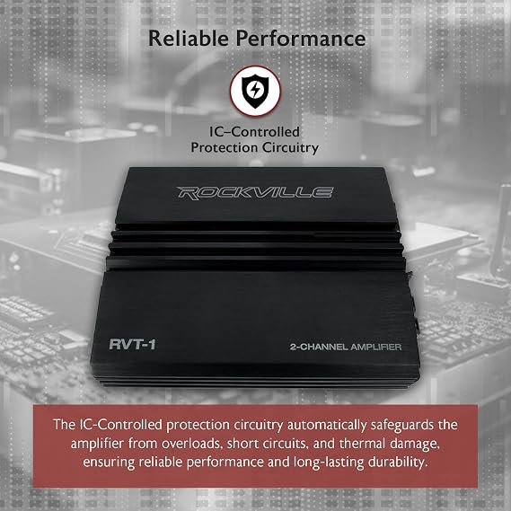 Rockville RVT-1 2-Channel Car Amplifier, 1000W Peak/250W RMS, Class-AB, MOSFET Power Supply, Bass EQ, Crossover, Perfect for Subwoofers and Car Audio
