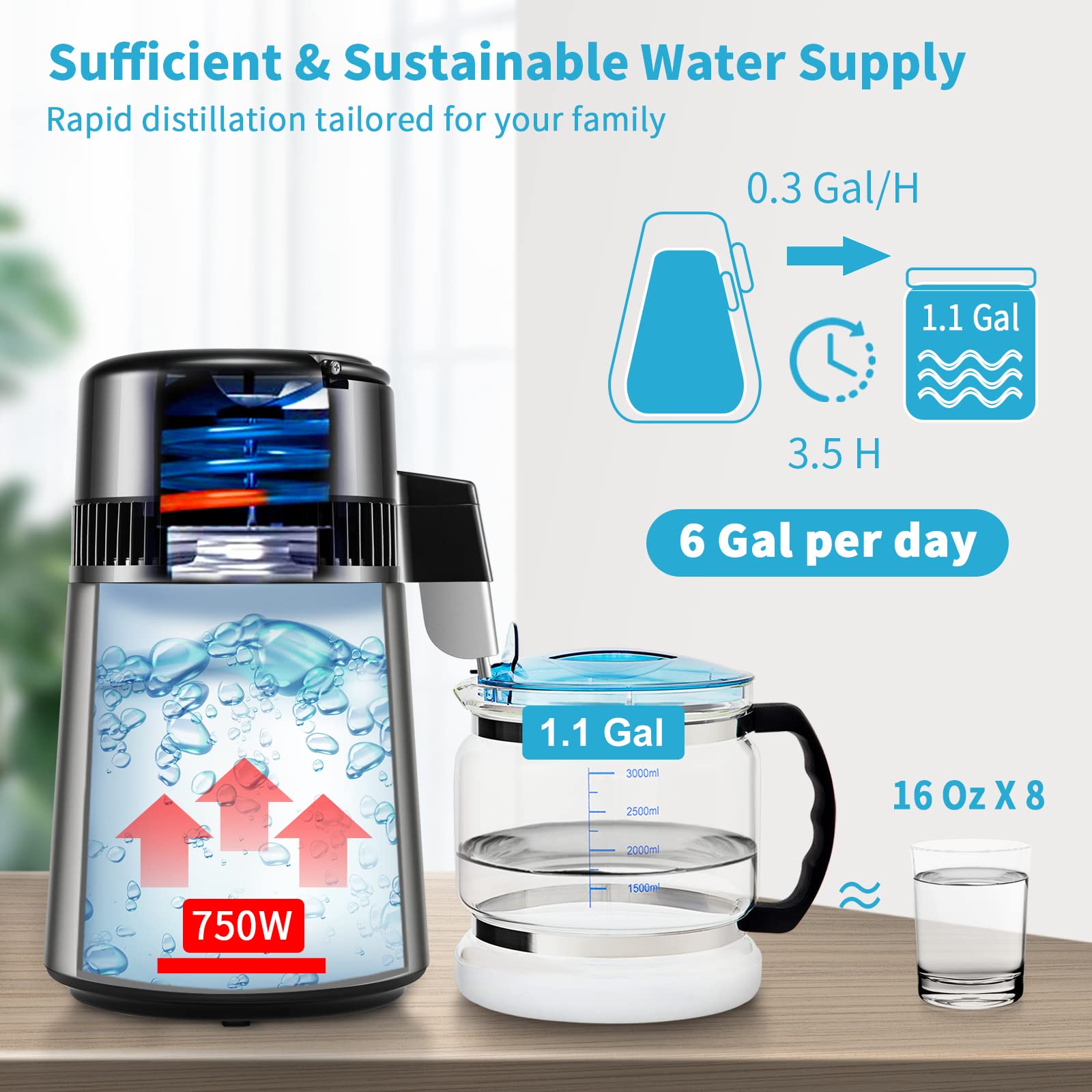VEVOR Distillatore d'Acqua Volume della Canna 4L 750W, Distillatore per Purificazione dell'Acqua 1 L/H con Contenitore in Vetro, d'Argento per Cucina Uffici, Lab, Ospedali, Cliniche Dentistiche, ecc.
