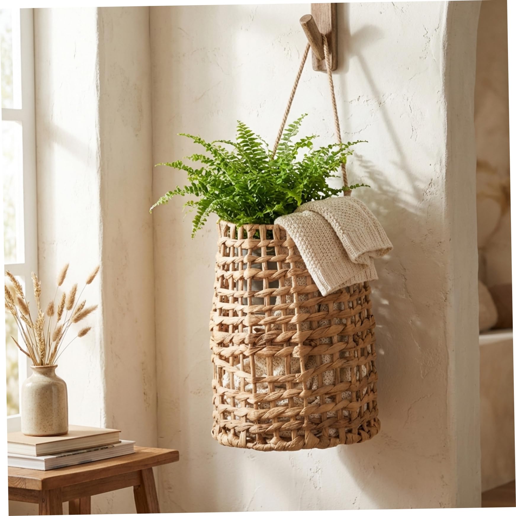 Cesta colgante de mimbre, cesta tejida a mano para colgar en la pared, cestas de pared de ratán natural, decoración, almacenamiento multiusos para cocina, baño, sala de estar, jardín de 6x3, 5x12 p.