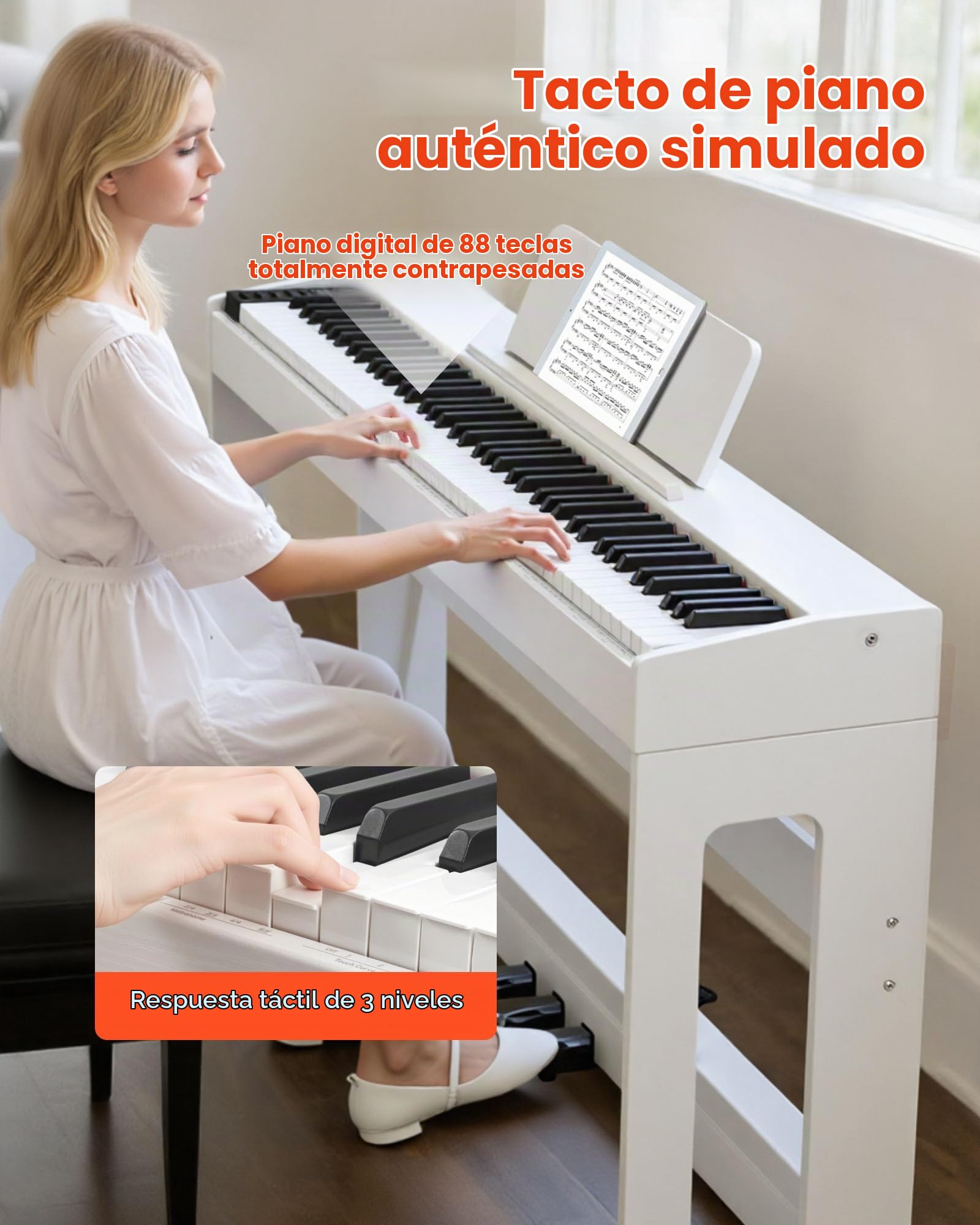 VEVOR Piano Digital 88 Teclas, Modo de Teclado Dual, Altavoces, con Atril, Soporte, Pedal de Sostenido, Adaptador CC, 280 Tonos, Conexión Inalámbrica, Principiantes, Blanco, 1310 x 300 x 850 mm
