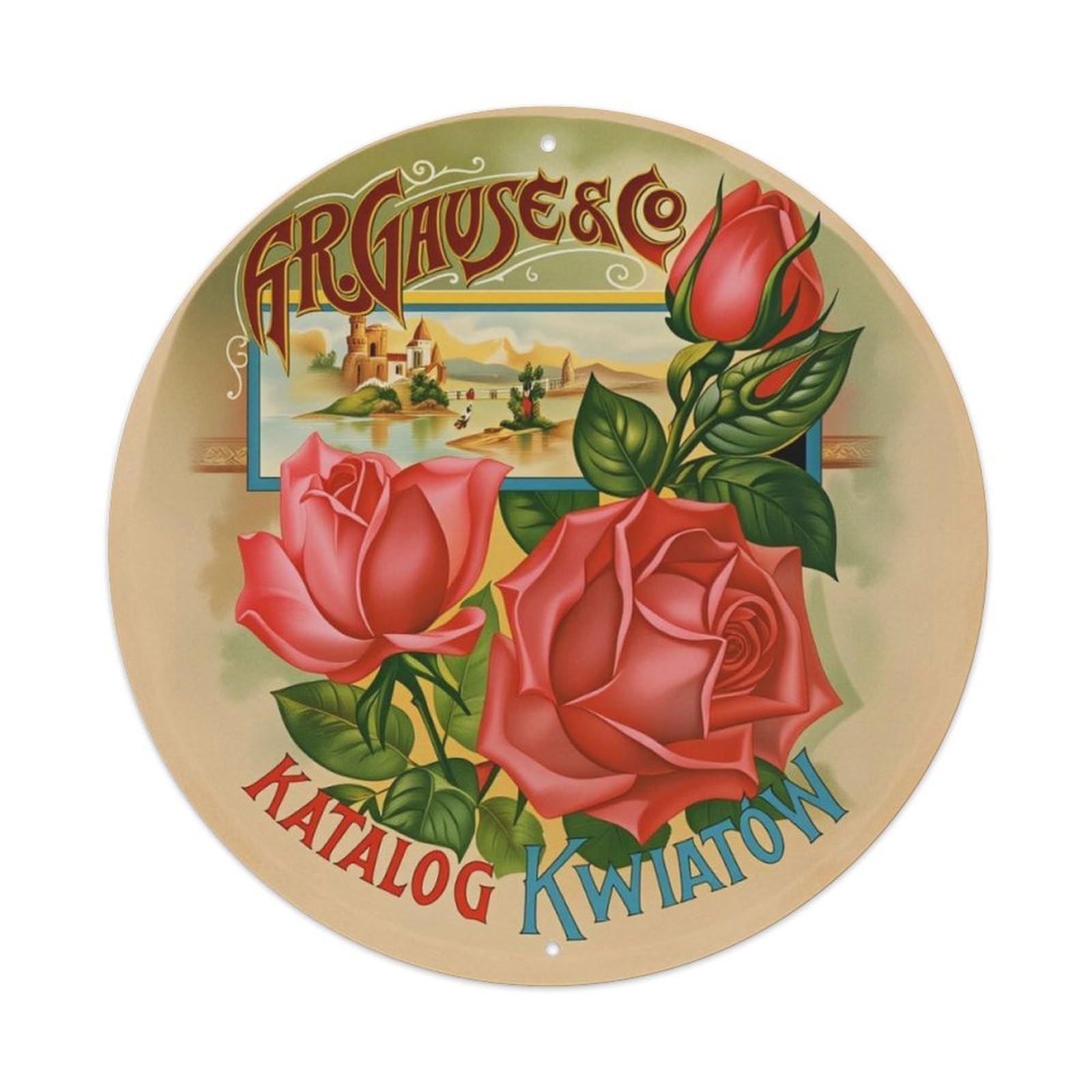European Vintage Red Rose Floral Round Sign Vintage Aluminium Metal Sign, Retro Wall Decor for Home, Bar, Garage & Farmhouse 20x20cm