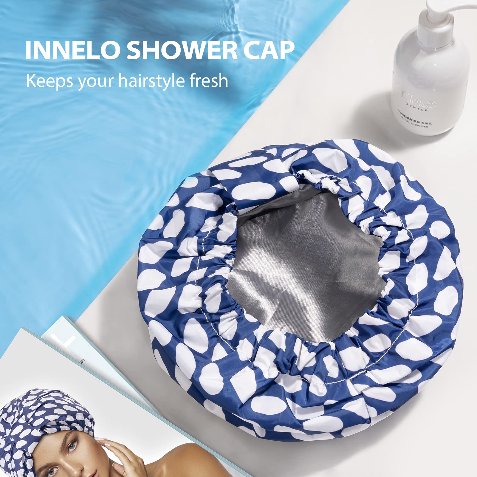 INNELO Luxus Duschhaube, Wiederverwendbare Upgrade Wasserdichte Duschhauben für Frauen, Verstellbare Duschhaube Haarhaube mit Satin gefüttert, für alle Frisuren Blau