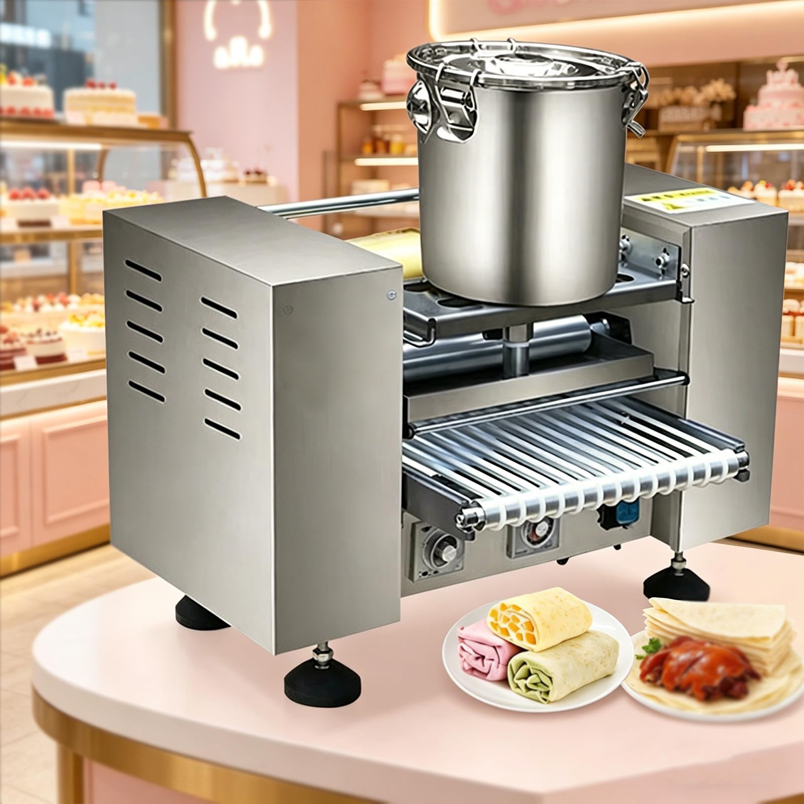 Crepera Eléctrica Inalámbrica – Versión Comercial con Rodillo Antiadherente, Producción Continua de 200-300 Piezas por Hora, Acero Inoxidable para Hornos 10in
