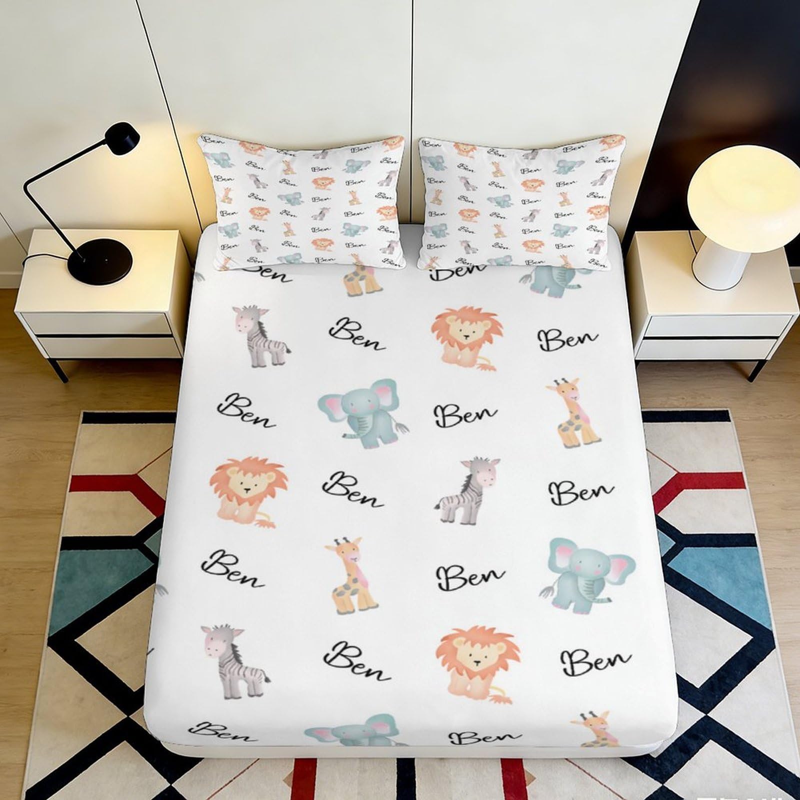 3D Printed Cartoon Safari Animals Fitted Sheet Microfiber Soft Breathable Jungle Wildlife Bed Cover for Bedroom Dorm Mattress Protection Decor 180x200x25cm