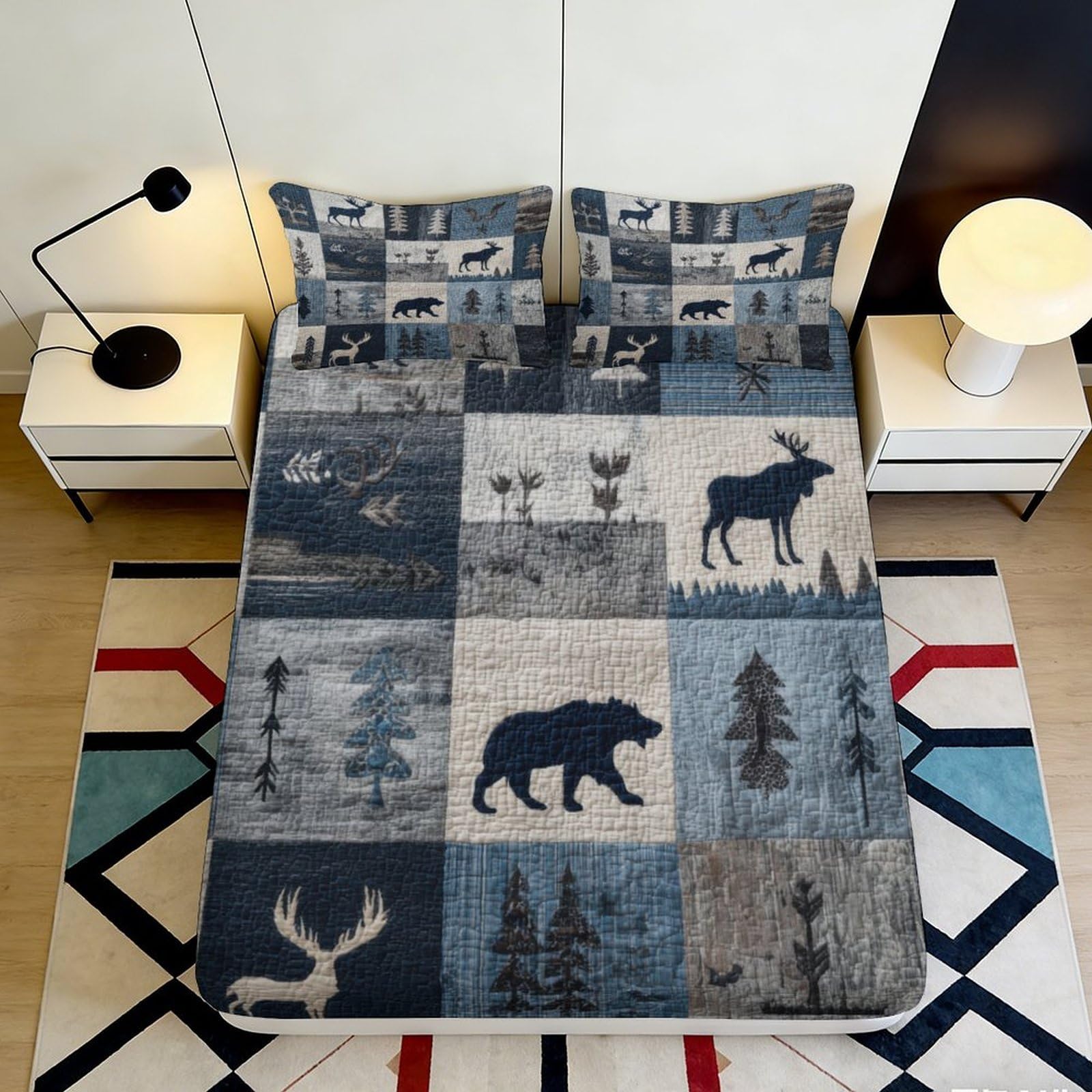 3D Printed Forest Animal Patchwork Fitted Sheet Microfiber Soft Breathable Cabin Moose Bear Mattress Cover for Bedroom Guest Room 90x200x25cm