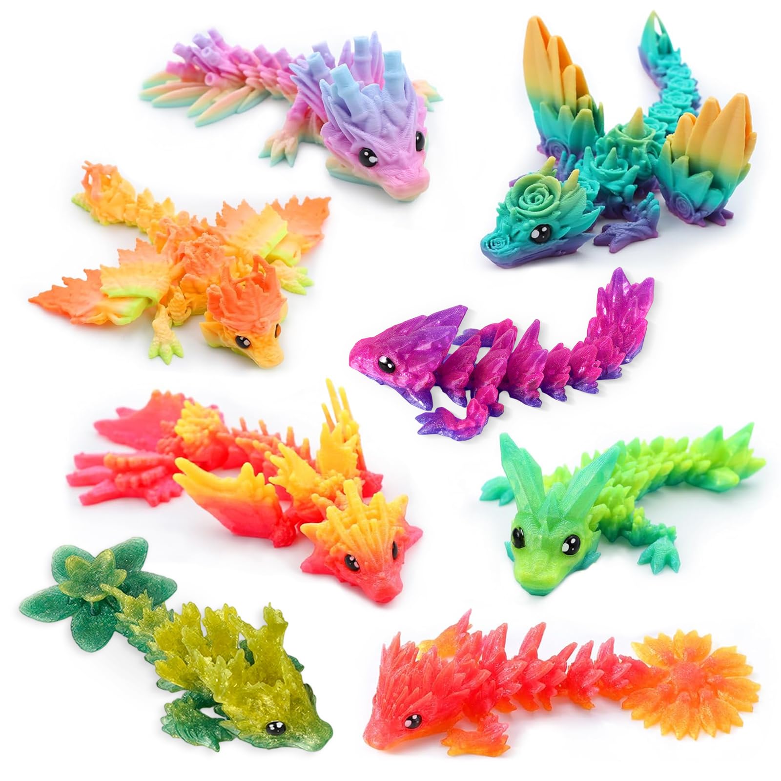 8Pcs 3D Printed Dragon, Colourful Flexible Articulated Dragon Fidget Animals Toys for Home Office Desk Decor Valentines Day Gifts