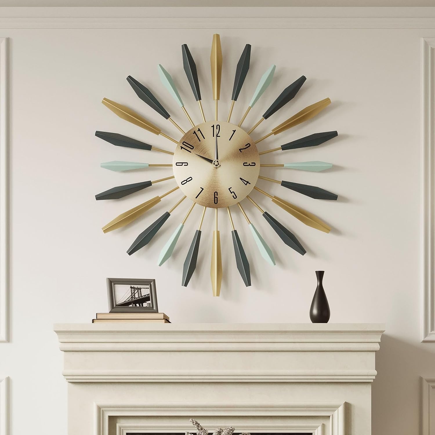 Cuspin Mid Century Modern Wall Clock, Large Metal Decorative Clock Silent Battery Operated, Colorful Sunburst Starburst 28 Inch Wall Clocks for Living Room Kitchen Bedroom Office