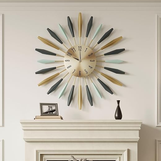 Cuspin Mid Century Modern Wall Clock, Large Colorful Starburst 28 Inch Wall Clock Battery Operated
