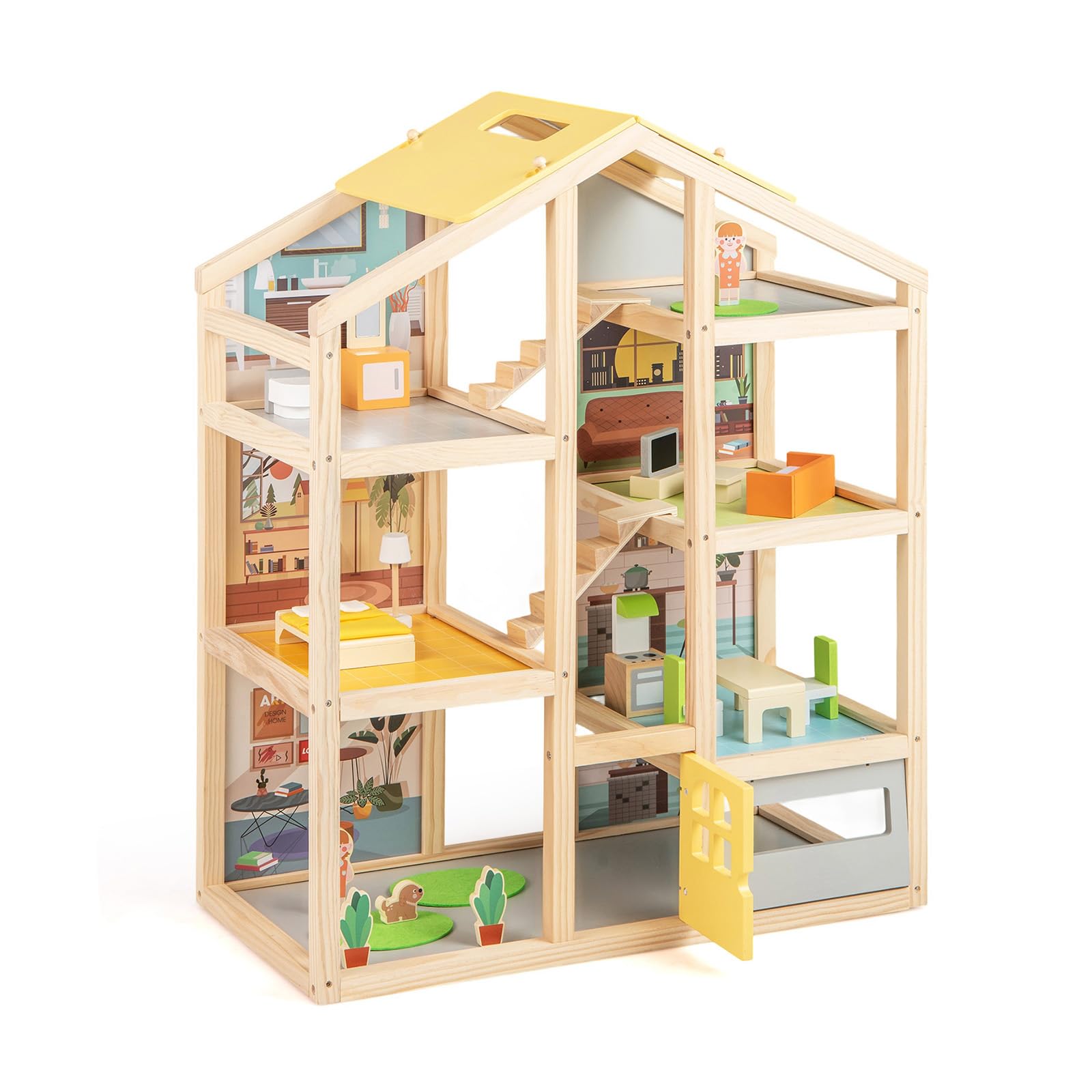 COSTWAY Casa delle Bambole in Legno, Casa Bambole con 4 Piani, 7 Stanze, Garage e Scale, Casetta Giocattolo Educativo con 18 Mobili Accessori e 3 Figure, per Bambini 3+ Anni, 60 x 30 x 75 cm