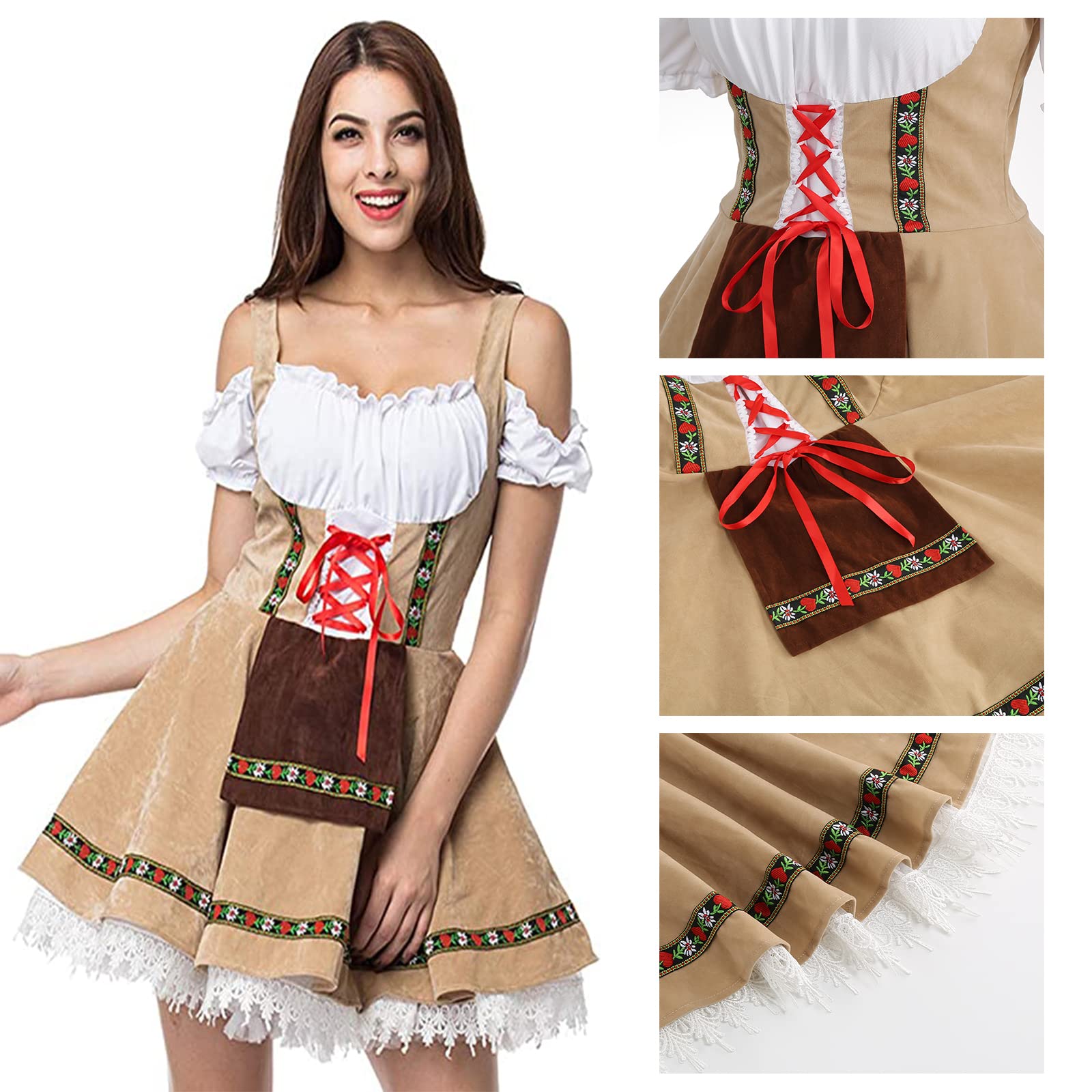 maxToonrain Oktoberfest Outfit Women Blue,Women's German Beer Bavarnian Traditional Short Sleeve Off Shoulders Halloween Costume Fancy Maid Dress for Womens(khaki S) - Image 4