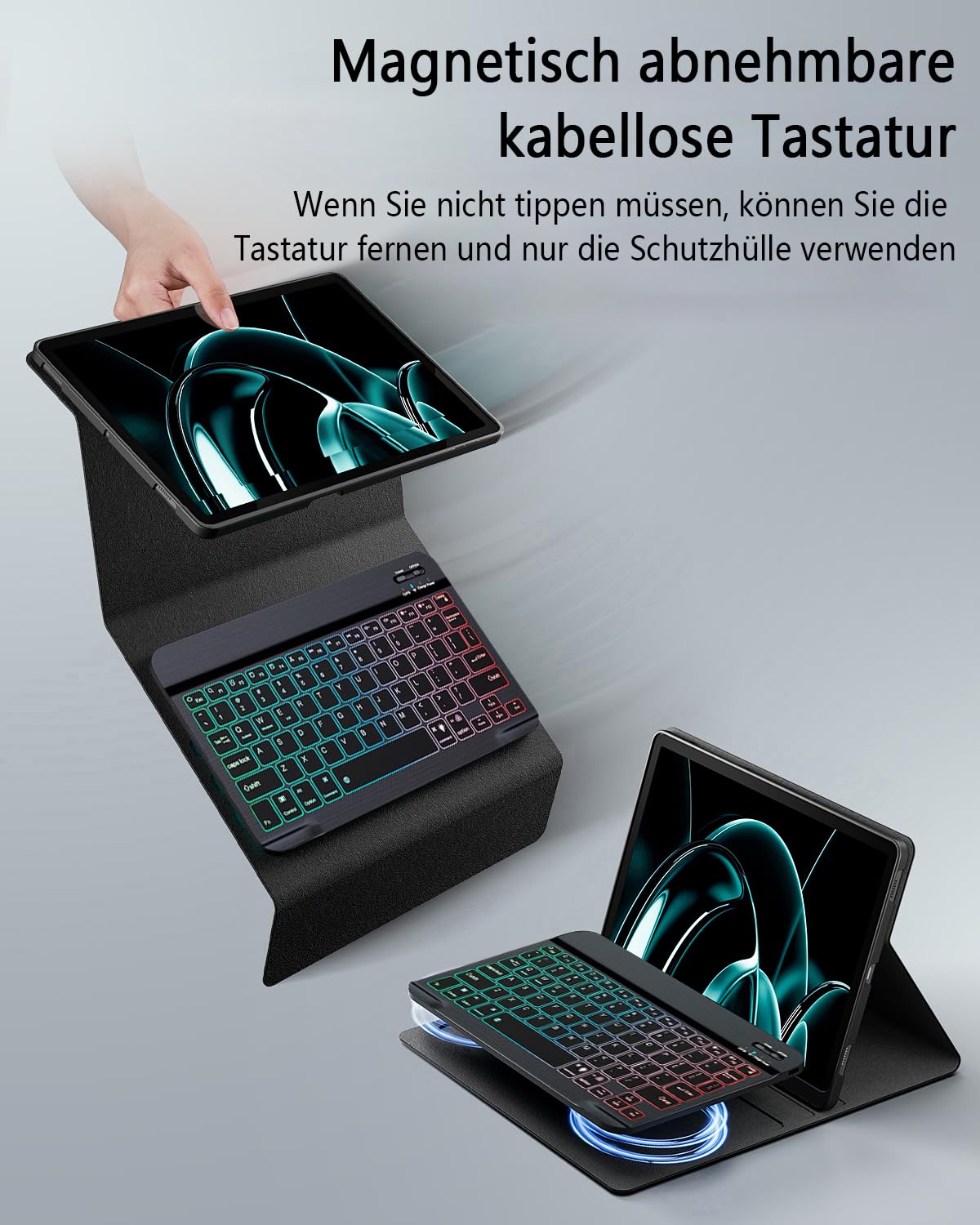 für Lenovo Idea Tab Pro 12.7 Zoll (2025) Hülle mit Kabelloses Bluetooth Deutsch (QWERTZ) Beleuchtete Farbige Tastatur und Maus,Farbige Hintergrundbeleuchtung Magnetisch Abnehmbar,Backlit Keyboard Case