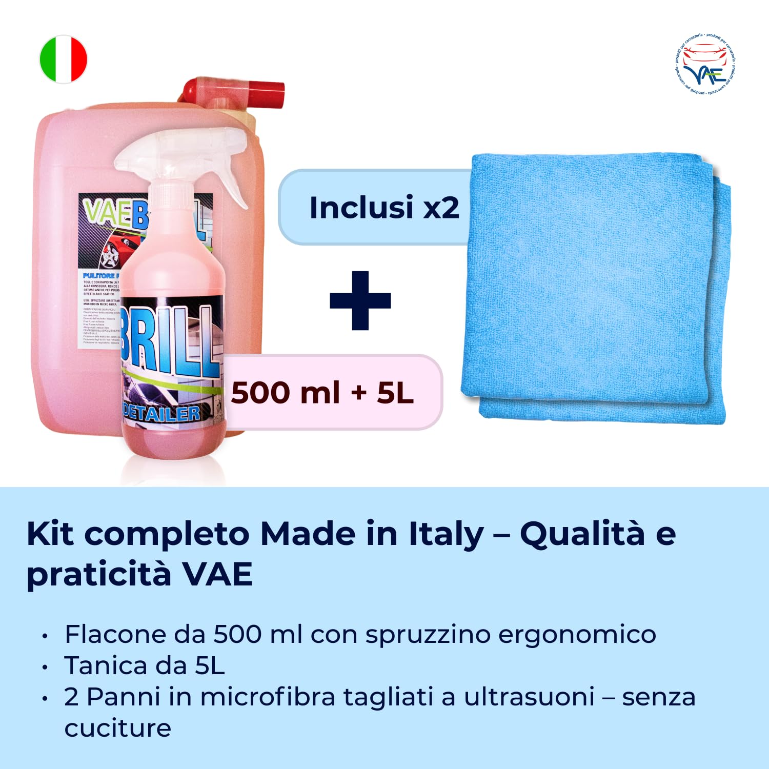 VAEBRILL Quick Detailer, Pulitore Universale Auto Tanica 5 L + Flacone 500 ml e 2 Panni in Microfibra, Lava Senza Acqua, Detergente Antistatico per Cruscotti, Vetri, Plastiche, Formula Professionale