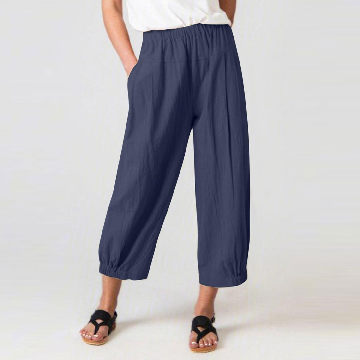 Women's Summer Linen Yoga Pants Wide Leg Capris Cropped Pants with Pockets Lounge Casual - Image 2