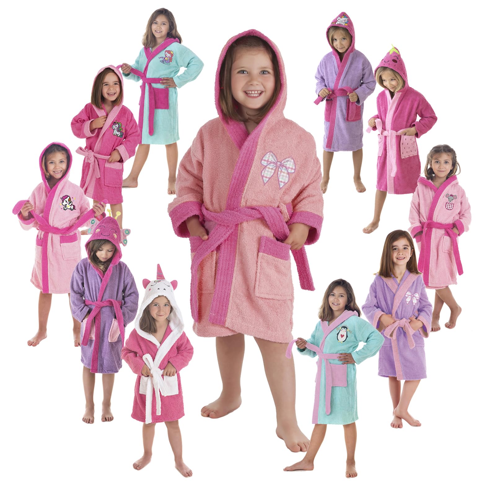 LEBENGOOD - Bademantel für Mädchen, Kinder - 100% Baumwolle OEKO-TEX® - 2 Taschen, Gürtel, Kapuze, Plüsch sehr weich mit Stickerei