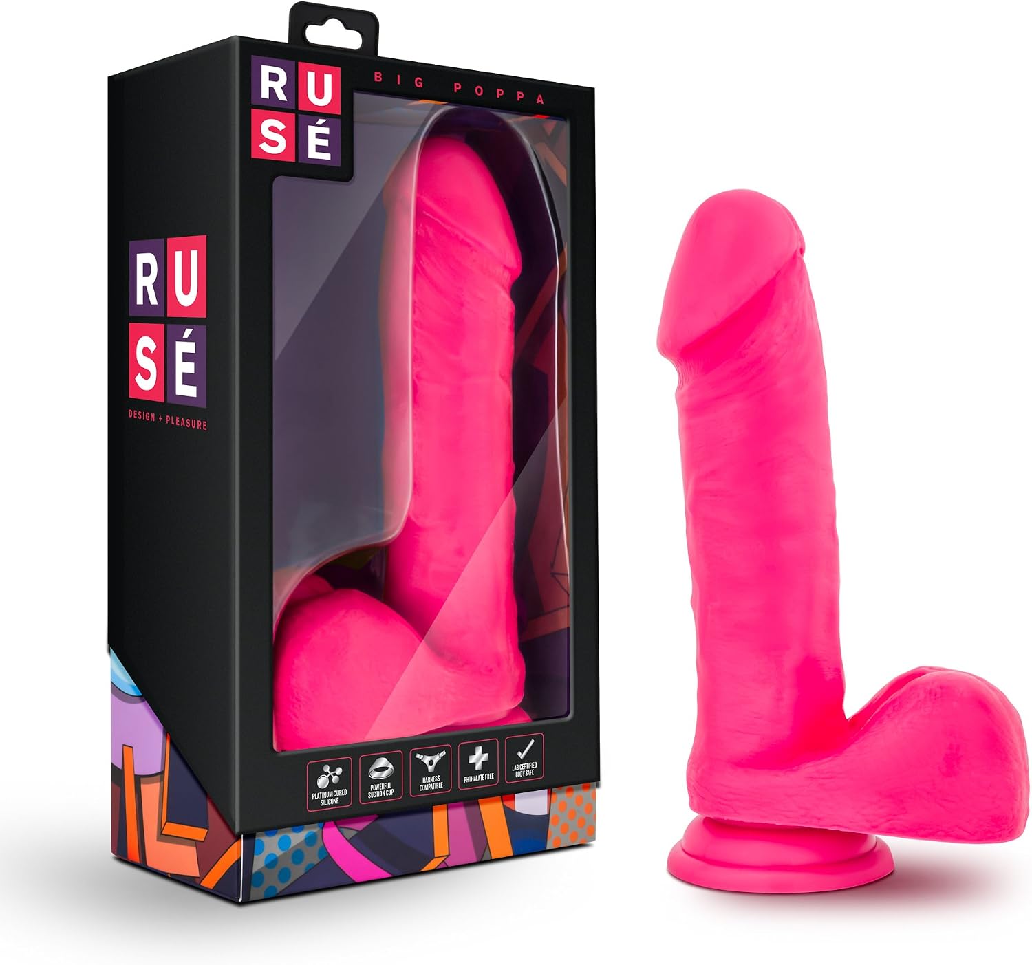 Blush Ruse 8" Big Poppa Realistic Silicone Dildo ~ 2" Wide Real Feel Cock w/Balls ~ Suction Cup Harness Ready ~ Cerise Ultrasilk Smooth Vaginal & Pegging Play ~ Women Men Couples Luxury Adult Sex Toy