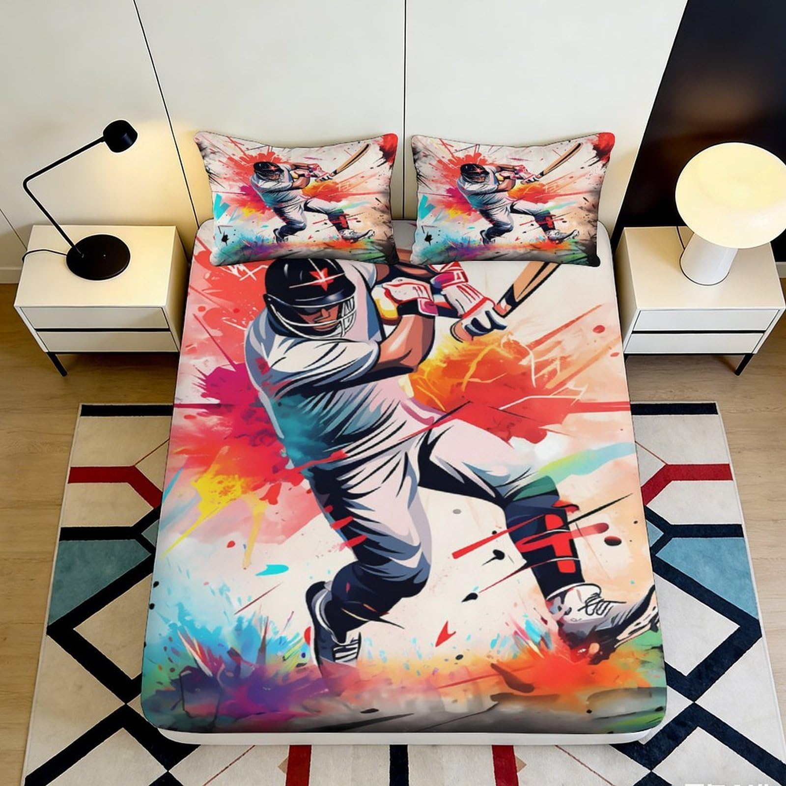 Pnayamiorkfel Style-3 3D Printed Cricket Player Fitted Sheet Microfiber Colour Splash Bed Cover For Bedroom Guest Room Decor 90X200x25cm