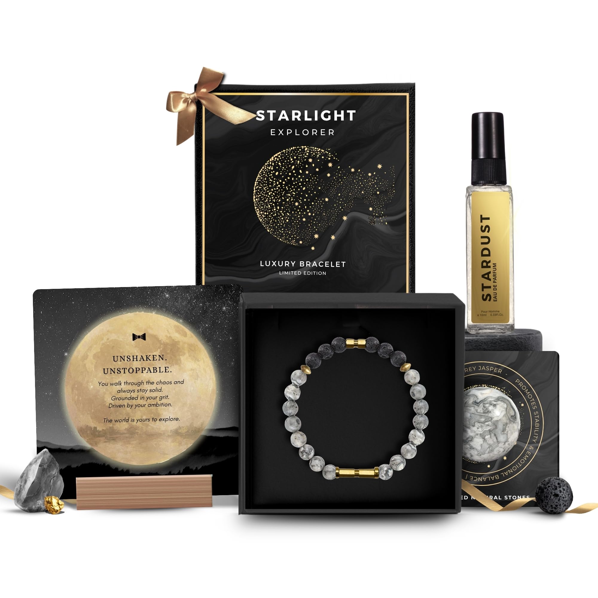 5 Senses Co. Luxury Starlight Bracelet Gift Set Combo for Men | Gift for Father, Brother, Boyfriend, Friend, Birthday | Certified Natural Stone Crystals Bracelet with Metallic Inserts & Long Lasting Luxurious Stardust Perfume | Birthday Card-image-24