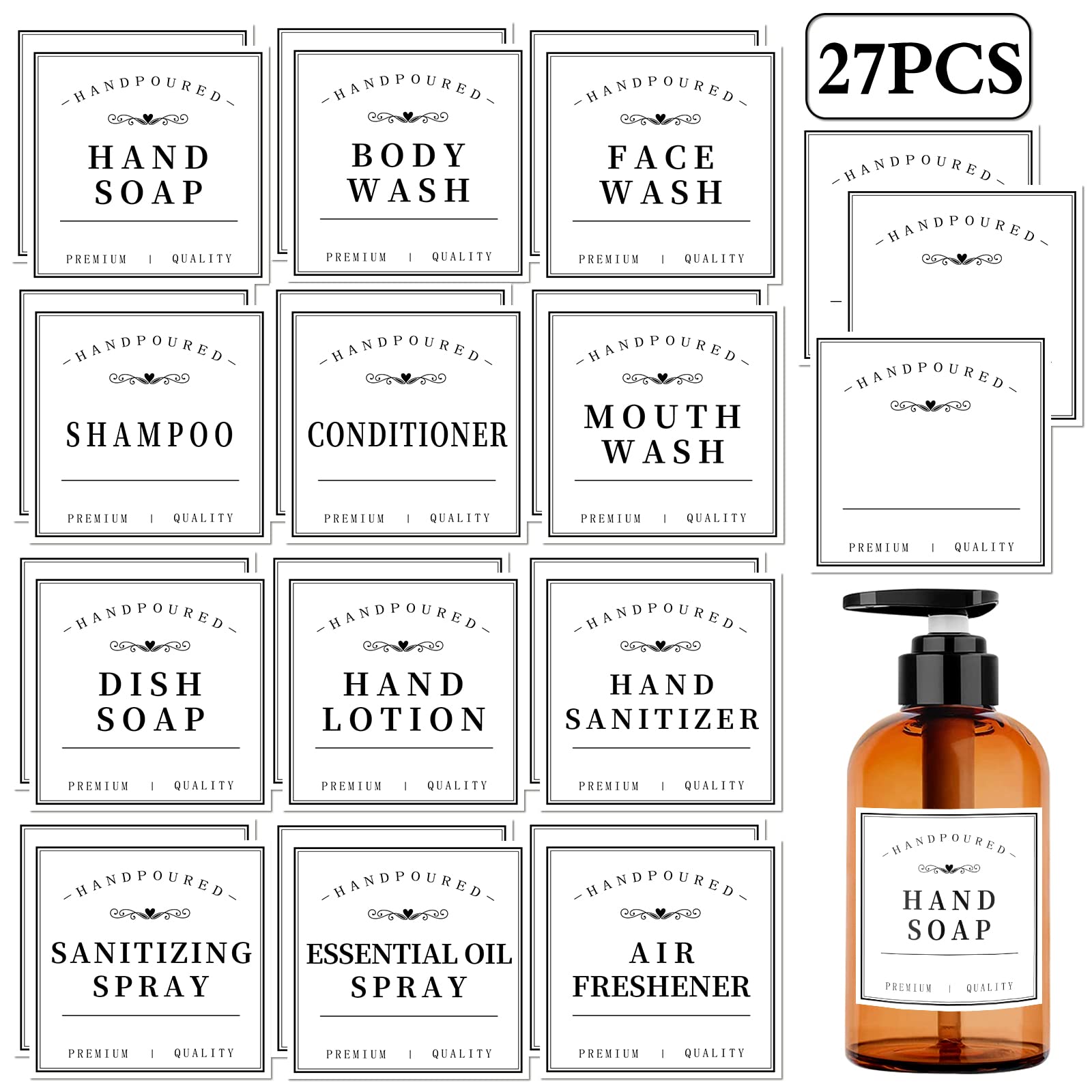 HVSWLY 27PCS Waterproof Lables for Bottles, Bathroom Hand Soap Shampoo and Conditioner Dispenser Label Stickers, Removable Bottle Labels for Mouthwash