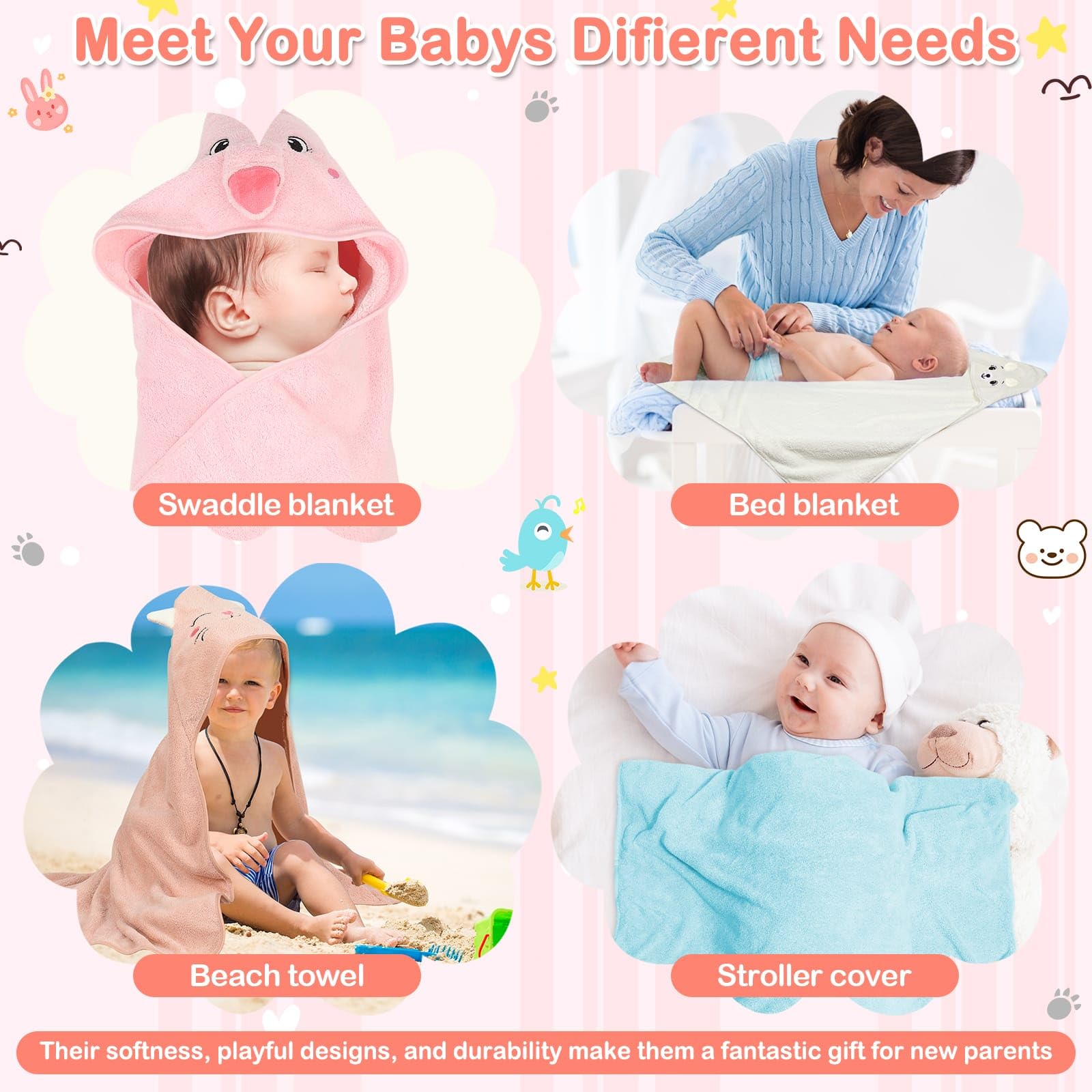 Babyhandtücher mit Kapuze, 5 Stück, weiche Baby-Badetücher mit Kapuze für Babys, 10 Stück Baby-Waschlappen für Neugeborene, Kleinkinder und Kinder, ultra saugfähig, beste Geschenke für Jungen und