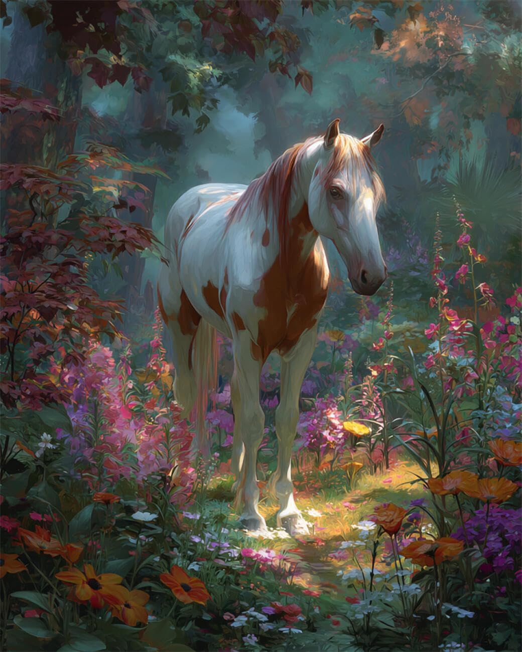 RKFLGEW DIY Seed Bead Embroidery Kits Horses and Flowers 30x40cm
