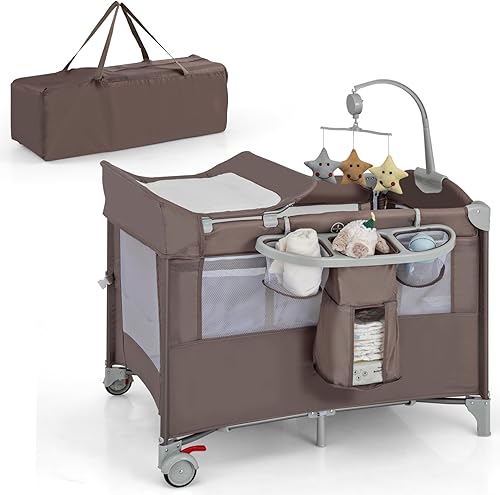 HONEY JOY Pack and Play con moisés, 5 en 1, cuna para bebé junto a la cama con mesa de cambio de pañales y bolsa de almacenamiento, arco de juguetes