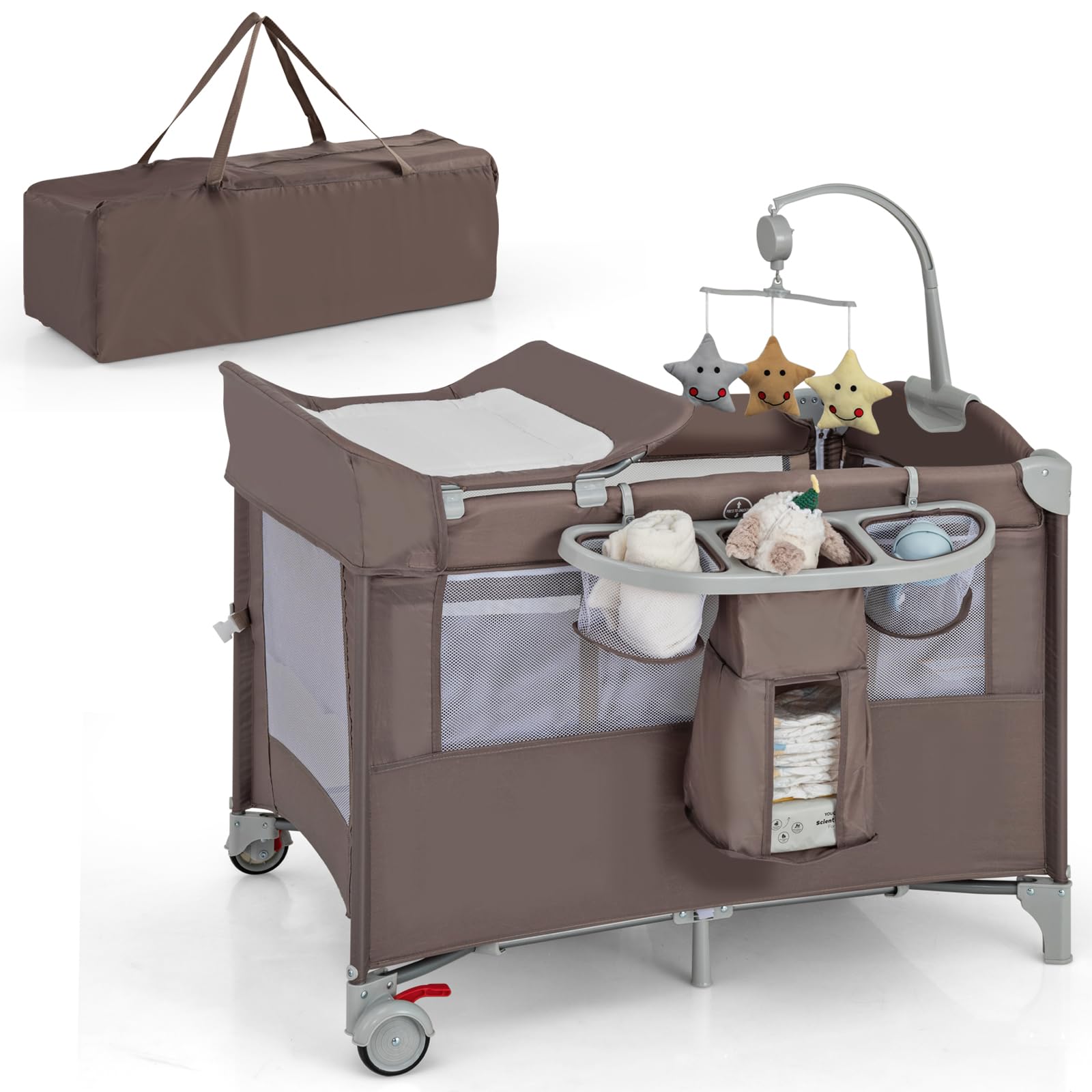 HONEY JOY Pack and Play with Bassinet, 5-in-1 Baby Bedside Sleeper w/Diaper Changing Table & Storage Bag, Toy Arch & Music Box, Detachable Side Rail, Portable Baby Play Yard w/Carry Bag(Coffee)
