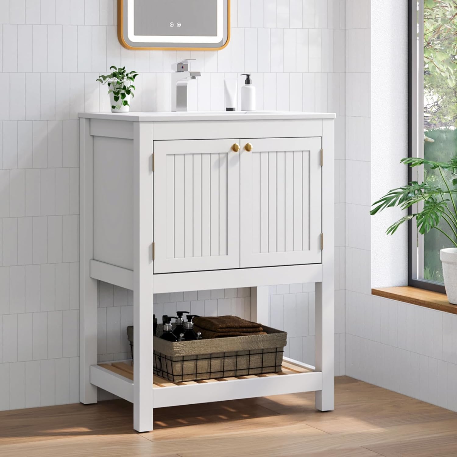 24 Inch Bathroom Vanity with Sink, Bathroom Vanity Cabinet with Ceramic Basin, Freestanding Bathroom Sink Cabinet with 2 Doors and Open Shelf, Modern Storage Vanity for Small Space (White)