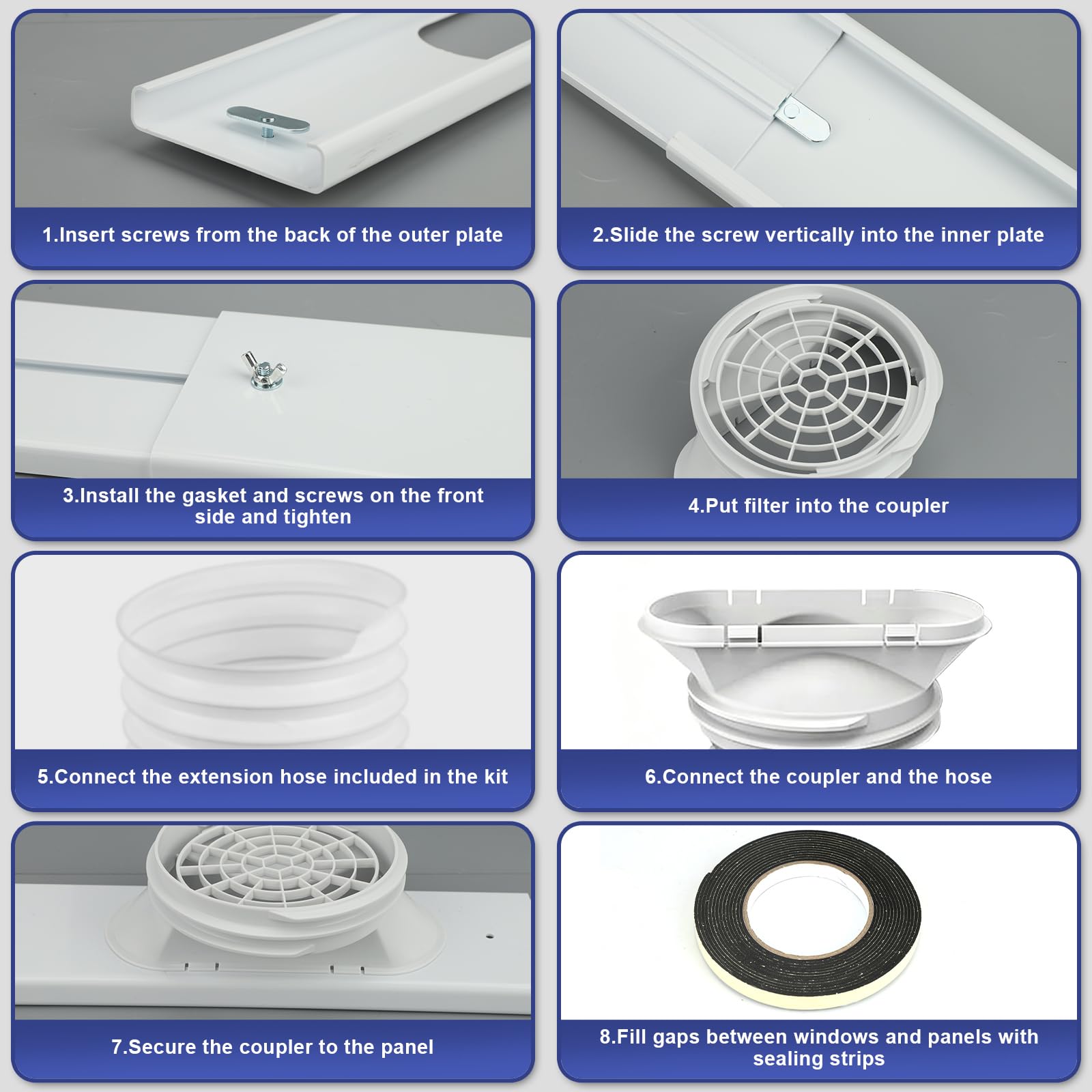 Kit de Plaque Fenêtre Climatiseur Mobile, 4 Plaques d'Étanchéité Fenêtre Télescopiques pour Climatiseur Portable, Calfeutrage Coulissante avec Adaptateur de Tuyau, Kit de Fenêtre pour Climatiseur