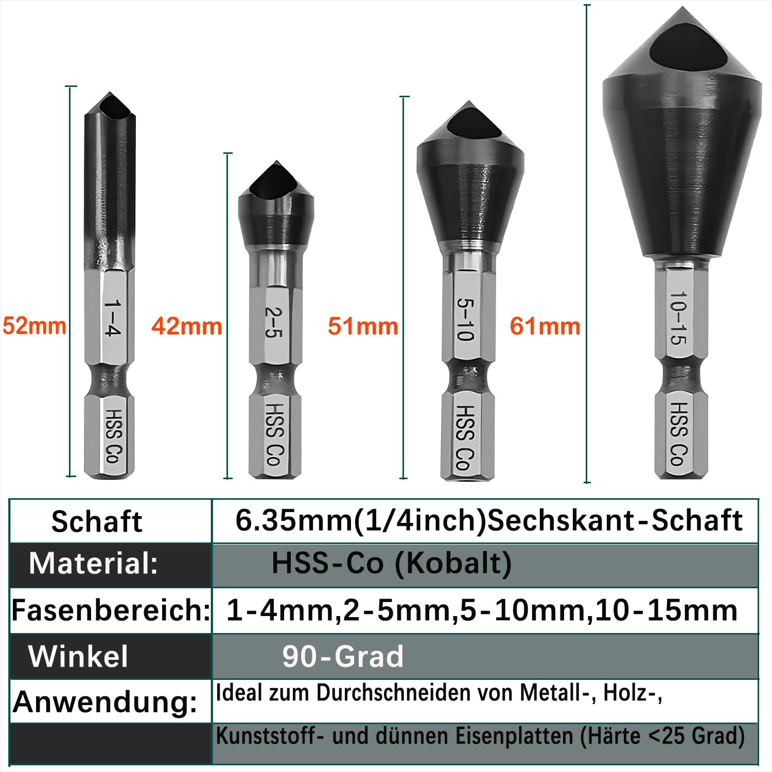 4 Stück Querlochsenker,Kegelsenker Entgratsenker 90° Fase Titan Beschichtet Countersink Senker, HSS-Co (Kobalt) Senker Bohrer Set für Holz, Metall, Kunststoff