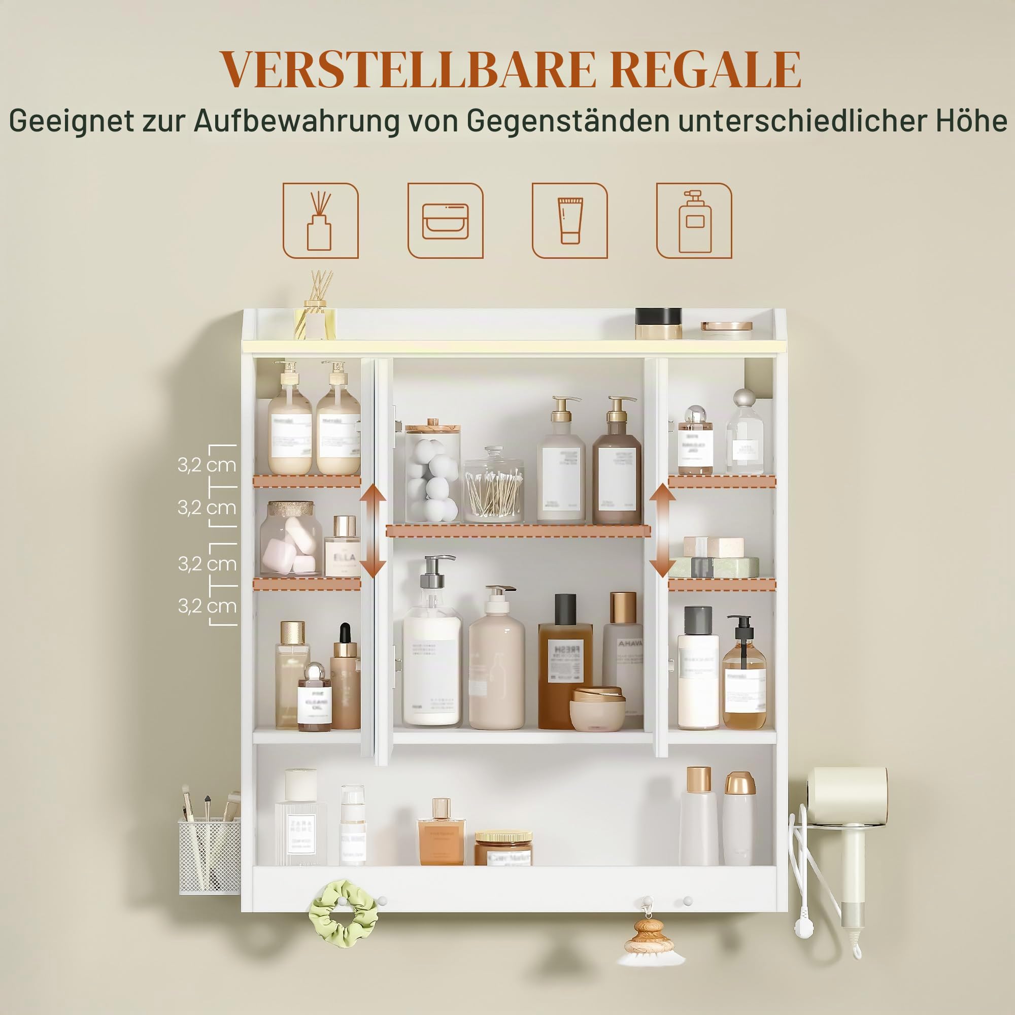 HEXCELEN 70 cm Spiegelschrank Bad, Badezimmerschrank mit Spiegel, Haken | Wandschrank mit 3 Türen, Verstellbarer Etagen, für Badezimmer, 15 x 70 x 78,8 cm, Weiß