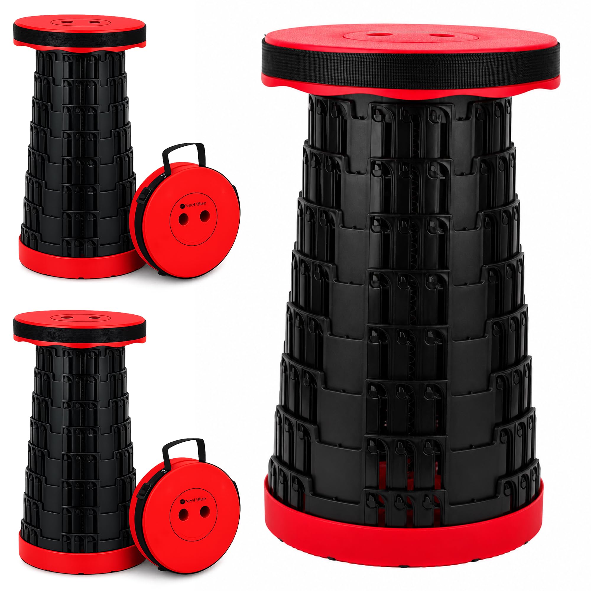 Event Decor Shop Tabouret de camping télescopique pliable 200 kg - Rouge, 3 pièces | Siège réglable, tabouret rétractable en plastique haute résistance pour événements et activités en intérieur et en extérieur