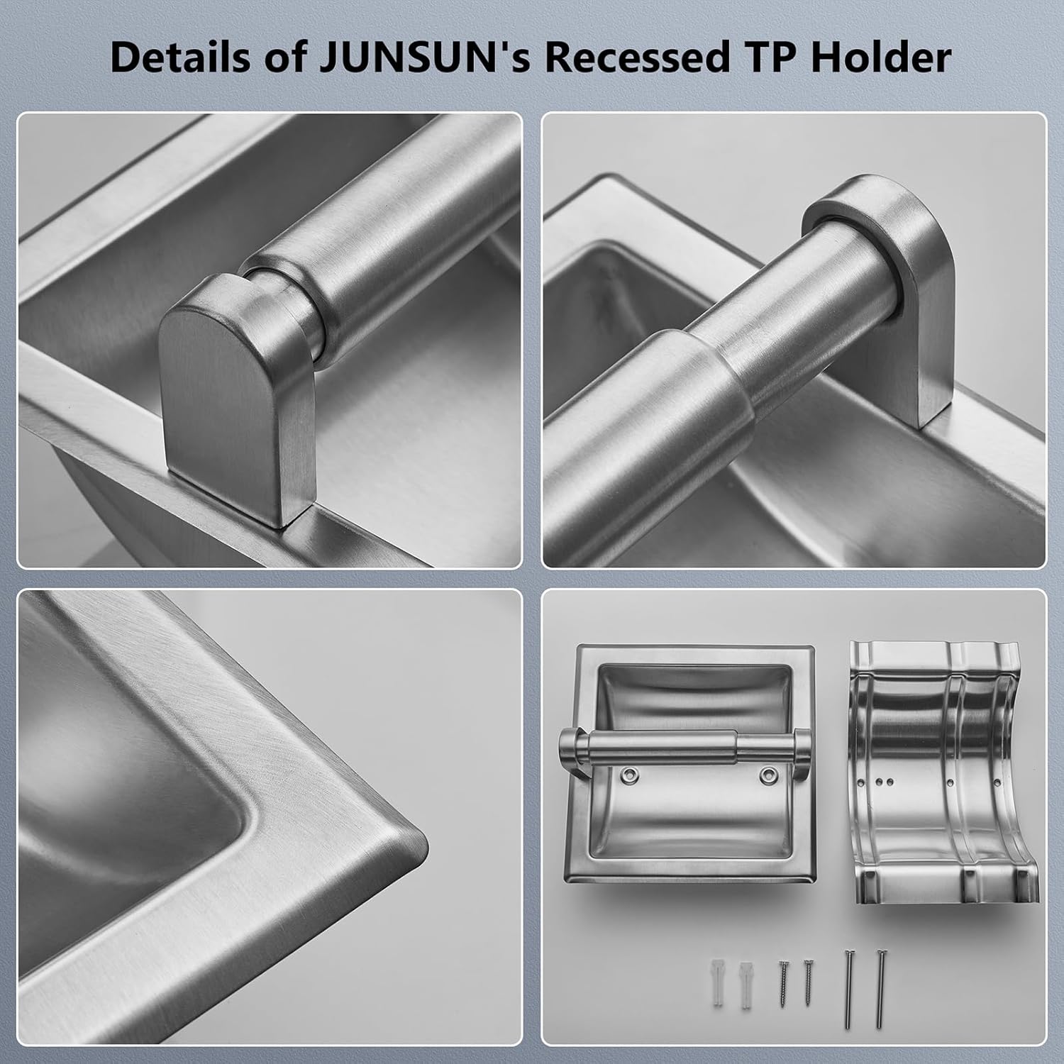 JunSun Recessed Toilet Paper Holder Brushed Nickel Stainless Steel Toilet Paper Roll Holder Tissue Holder Modern Tissue Roll Holder 6" X 6" Square Jumbo Mega Roll Holder Rear Mounting Bracket Included