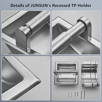 JunSun Recessed Toilet Paper Holder Brushed Nickel Stainless Steel Toilet Paper Roll Holder Tissue Holder Modern Tissue Roll Holder 6 X 6 Square Jumbo Mega Roll Holder Rear Mounting Bracket Included