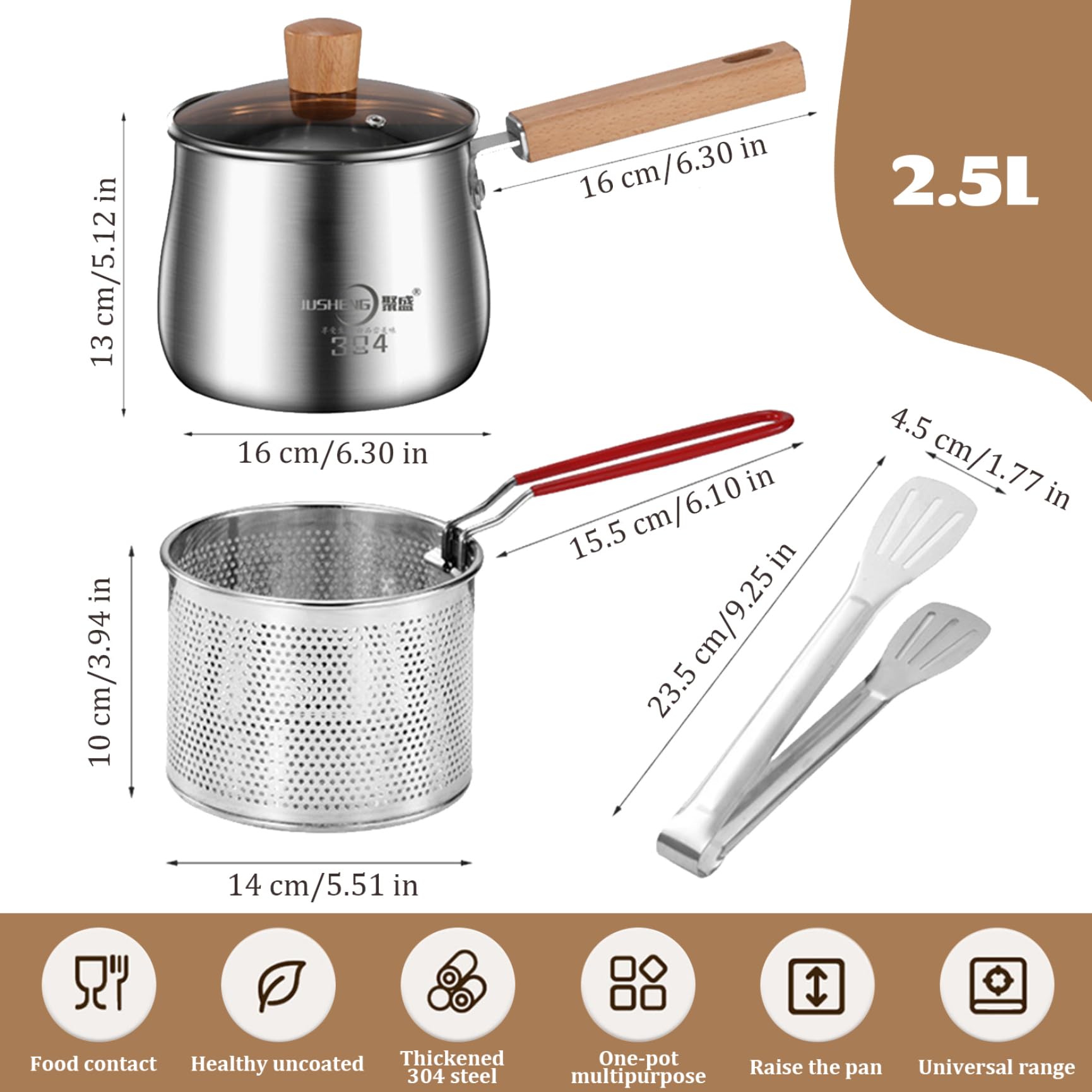 Pot de freidora 2.5L Mini freidora de acero inoxidable con canasta, tapa, pinza y mango anti-escaladrones Frey Bot para hogar, papas fritas de tempura, papas fritas, freidora pequeña con canasta fr