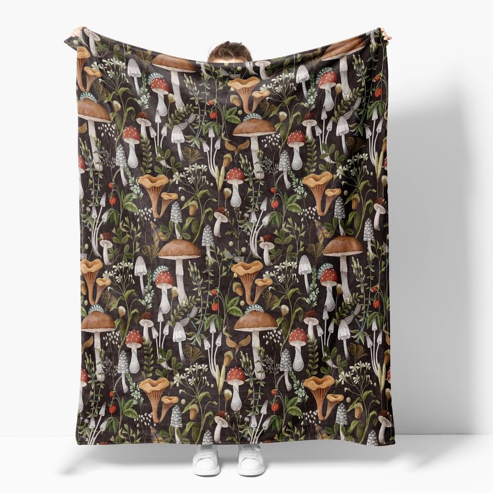 Boho Mushroom Print Blanket, Rustic Soft Flannel Lightweight Throw Blanket, Brown/Black/Green Vintage for Living Room Sofa Decor, Gifts for Women & Girls, All Seasons, 30x40 inch