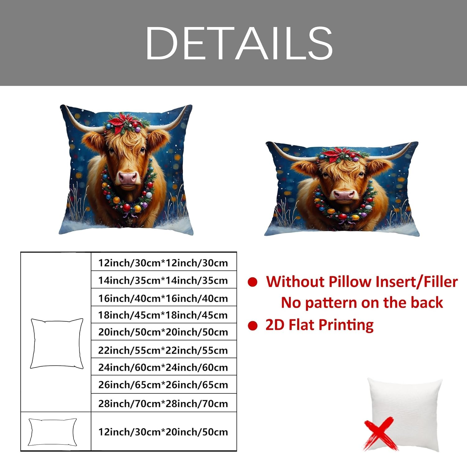 Christmas Throw Pillow Covers Set of 2, Highland Cow with Holiday Wreaths Decorative Cushion Covers, Winter Rustic Farmhouse Decor for Sofa Couch 28x28 Inch