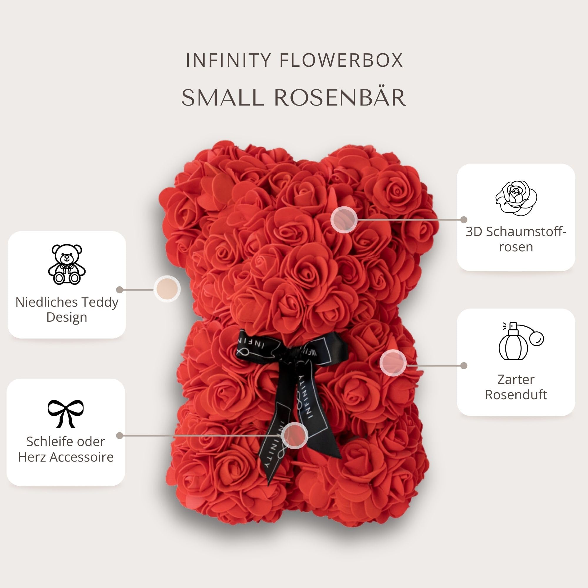 Rosen Bär Geschenkset mit Infinity Kette & Pralinen im Set - 300 handbeklebte Rosen mit Duft - Geschenk für Frauen, zum Geburtstag oder Jahrestag (Gold, Dark Blue)