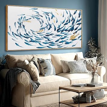 Kureful Fish Home Wall Decor White And Blue Wall Art Ocean Fishes Canvas Pictures 24"x48" Artwork for Bedroom Kitchen Poster