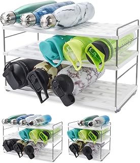 Expandable Water Bottle Organizer for Cabinet, Height & Width Adjustable Water Bottle Storage Holder Rack Cup Organizer for Kitchen Countertop, Pantry, Fridge, Freezer - (3 Tier 10.6 to 16.5"L)