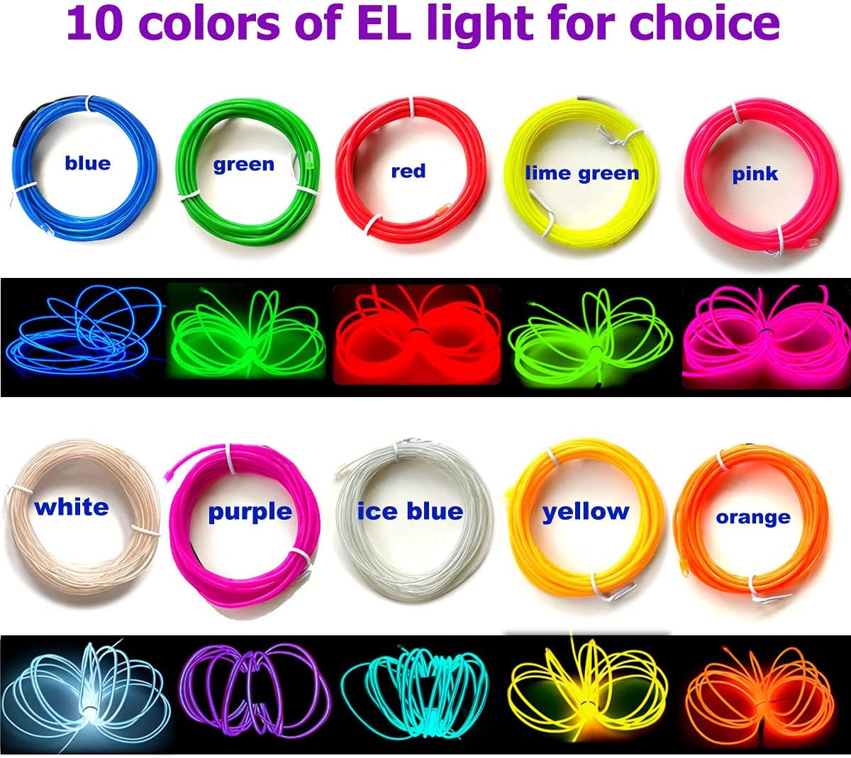 MaxLax EL Wire Green 10-Pack, 16.4ft/5m Neon Light Wire with Noise Reduction and Battery Pack…
